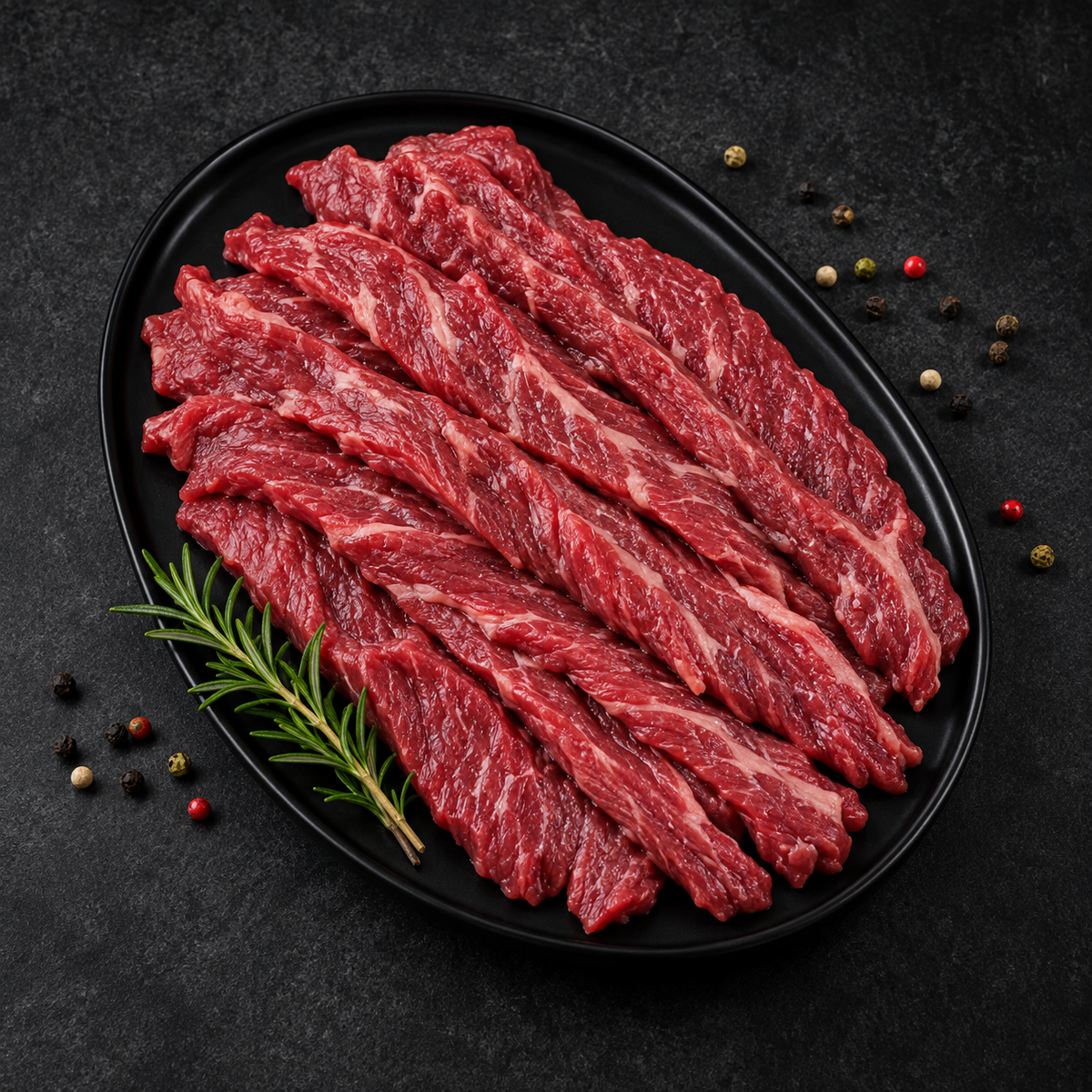 Ταλιάτα μοσχαρίσια Black Angus σε λεπτές λωρίδες, ιδανική για γρήγορο ψήσιμο σε τηγάνι ή γκριλ.