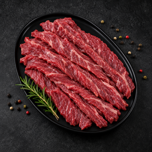 Ταλιάτα μοσχαρίσια Black Angus σε λεπτές λωρίδες, ιδανική για γρήγορο ψήσιμο σε τηγάνι ή γκριλ.